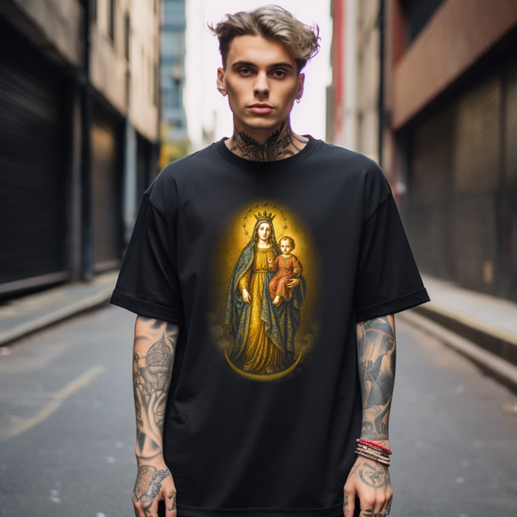 Camiseta Maria Segurando Menino Jesus Estampa Realista Top 100% Algodão Malha Reforçada Conforto e Qualidade