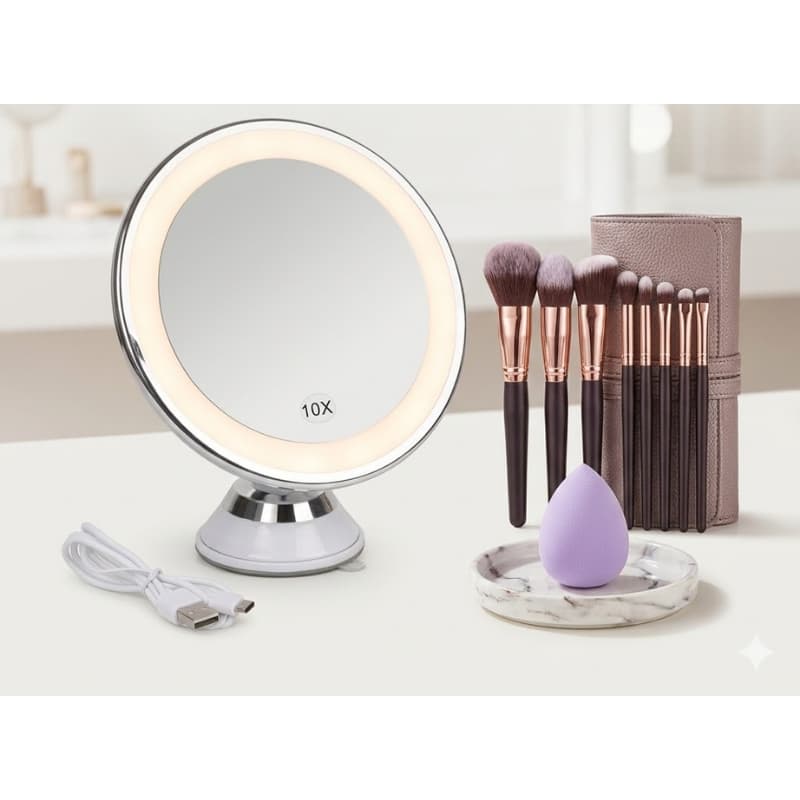 Espelho Maquiagem Led Redondo Usb Luz Ajustavel Compacto Portatil Iluminação Mesa Portátil 17x18cm