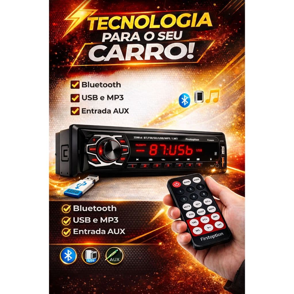 Rádio Mp3 1 Din Som Automotivo Carro 2 Usb Sd Bt Universal