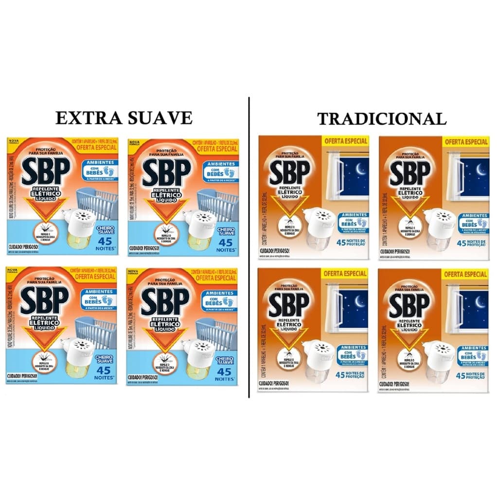 Kit 4 Aparelho Elétrico SBP + 4 Refil Repelente Líquido SBP 35ml