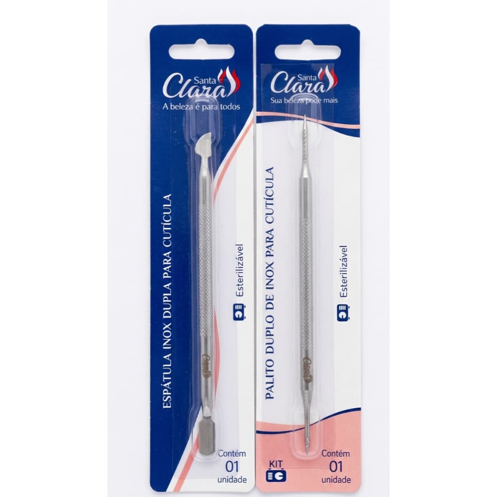 KIT MANICURE SANTA CLARA: ESPÁTULA DUPLA + PALITO DUPLO EM AÇO INOX- PROFISSIONAL E ESTERILIZÁVEL