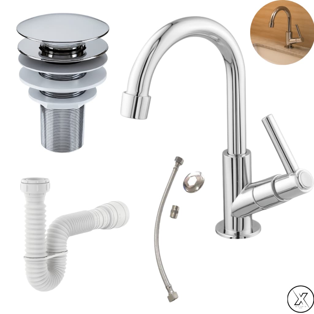 Kit Torneira Lavatório Bica Móvel Cromada Banheiro+ Valvula Ralo Click+Sifão Universal+ Engate 40cm