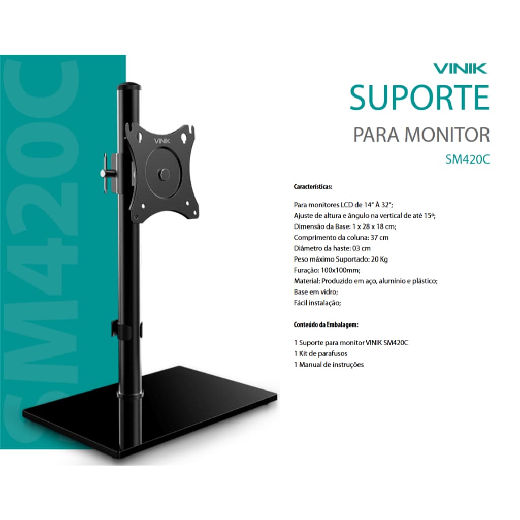 Suporte Para Monitor De 14 A 32" Com Base De Vidro E Organizador De Cabo - Sm420C