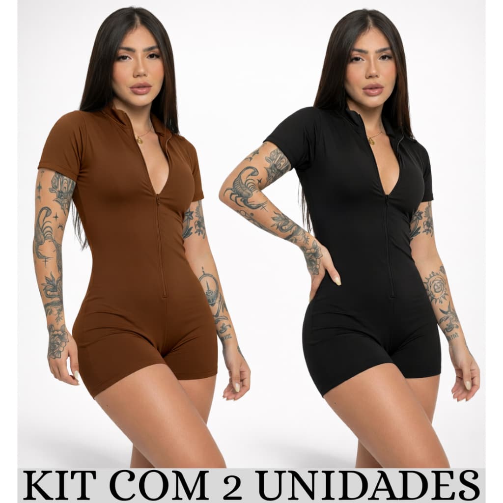 Kit 2 Macaquinho Feminino Moda Gringa Macacão Fitness Gringo Shorts Curto Manga Curta Ziper