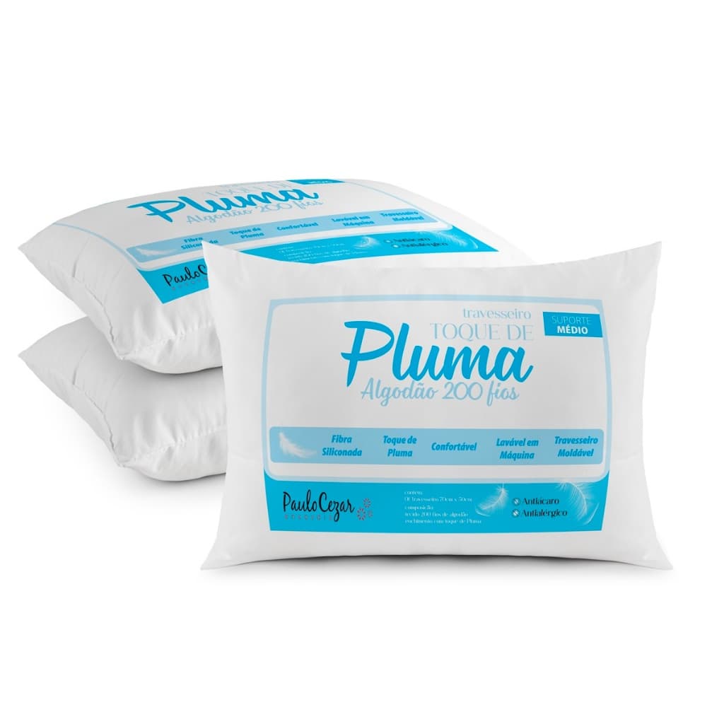 Kit 3 Travesseiro Toque de Pluma Pena Percal 100% Algodão 200 Fios 50x70cm