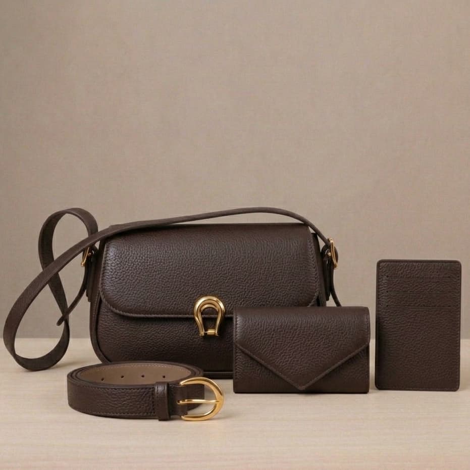 Kit 4 Itens Bolsa Feminina + Cinto + Carteira + Porta Cartão Feminina Tendência Couro Sintético