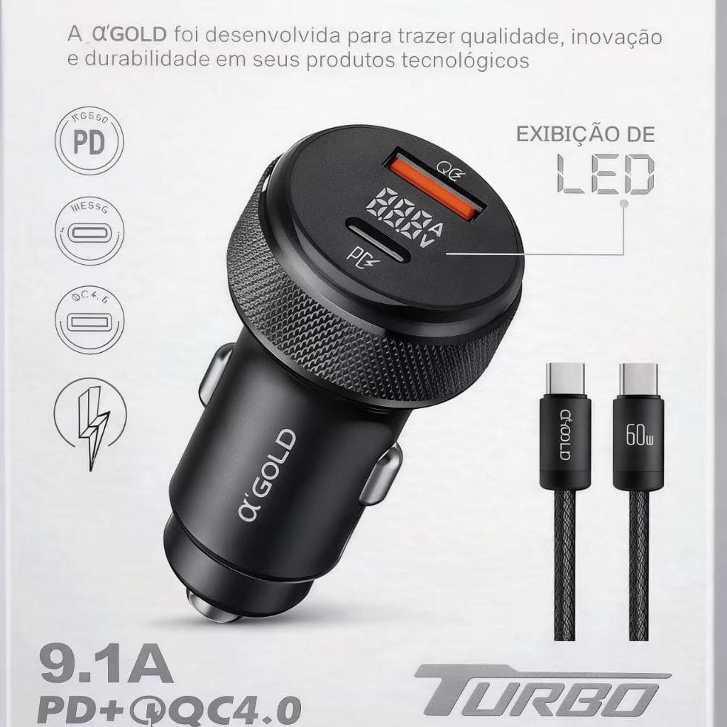 Carregador Veicular Carro Turbo 60W TIPO C PD + USB Com Visor Cabo TIPO C TIPO C Carregamento rápido