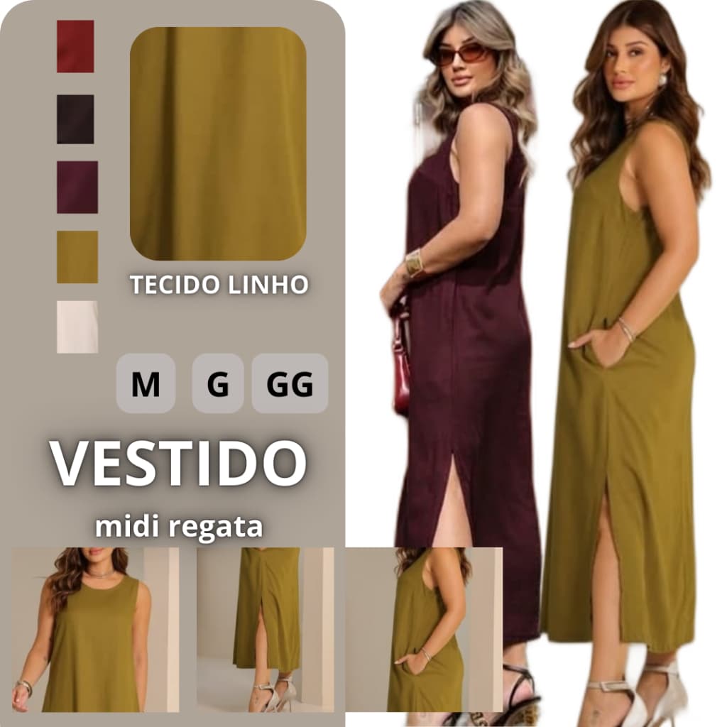 Vestido Midi Femenino Linho com Viscose Leve Elegante Confortavel M G GG
