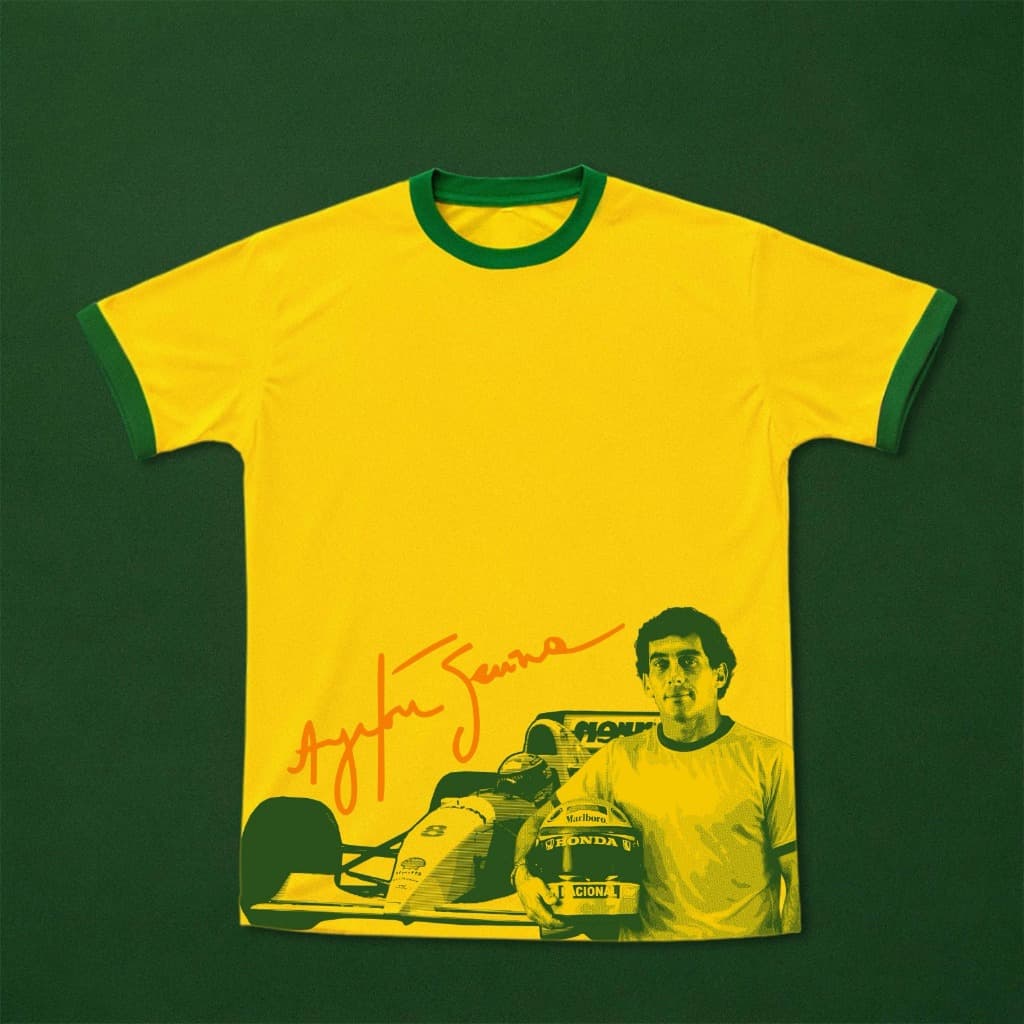Camiseta Unissex Brasil Aryton Senna F1 Camisa Masculina Tematica Copa Brasil Dryfit Academia