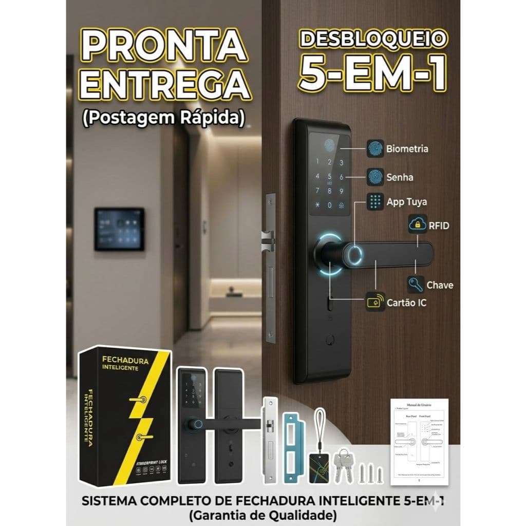 Fechadura Eletrônica Digital Inteligente 5 em 1 Biometria Senha Cartão App Tuya e Chave - Pronta Entrega