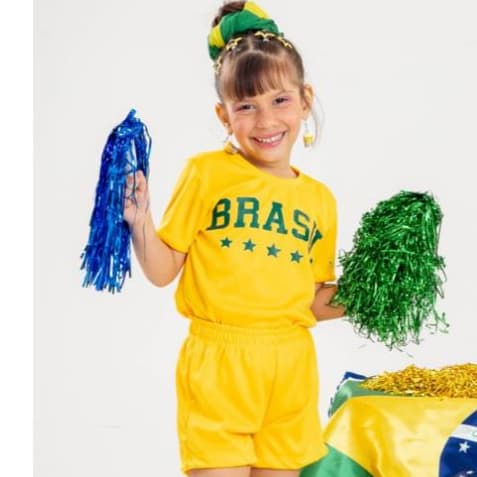 Conjunto Tshirt + Short Feminino Infantil tema Futebol para Torcer Roupa para Meninas torcedoras Look Temático jogo