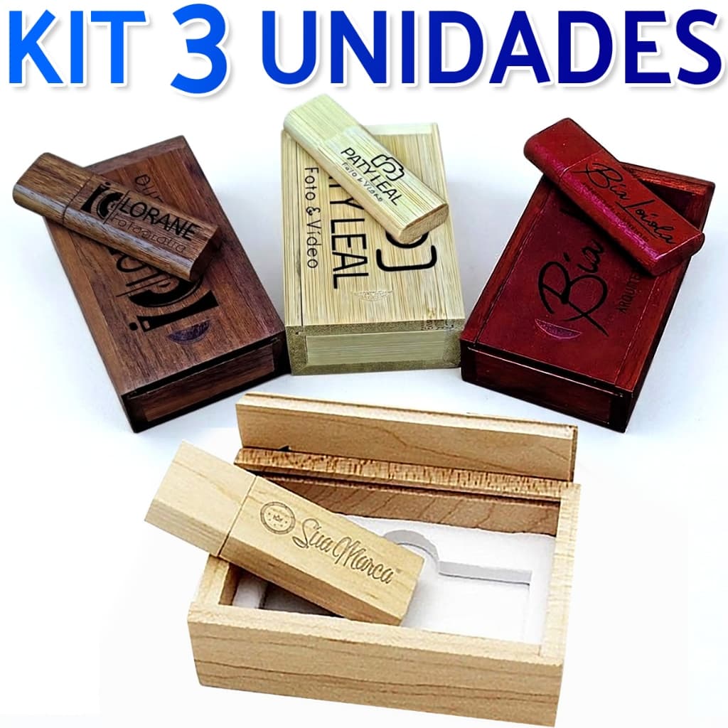 Kit 3 Pen Drive de Madeira Personalizado +Case (8Gb 16Gb 32Gb 64Gb) Fotógrafos Casamento Padrinhos