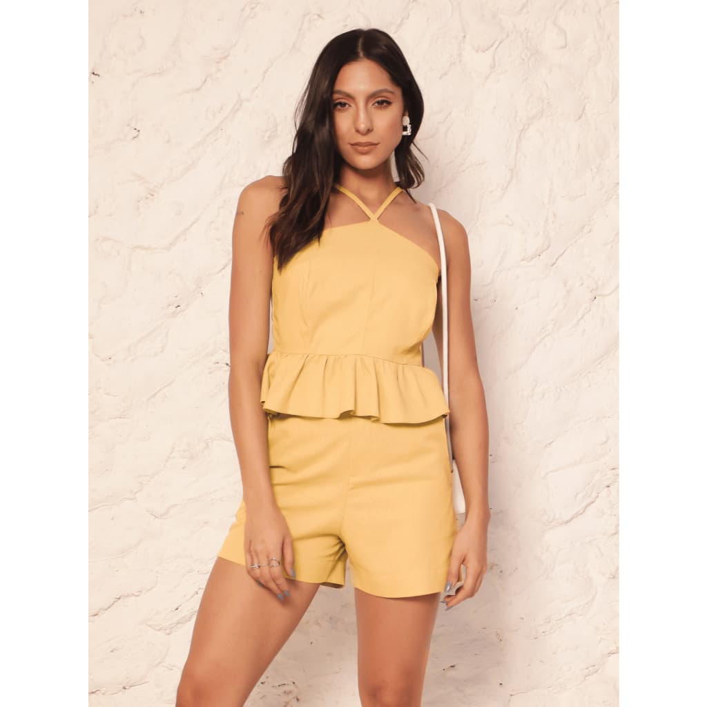 Conjunto Linho Feminino Elegante Blusa Cropped e Short com Bolso Premium