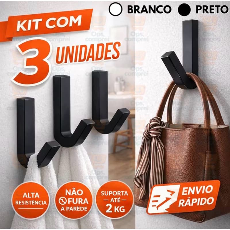 Kit 3 Ganchos Adesivos Parede Sem Furo Suporte Toalha Bolsa Banheiro Cozinha Organizador Forte 2kg