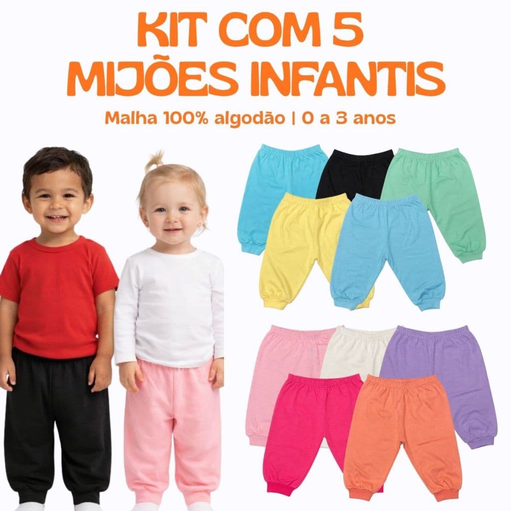 Kit infantil de 5 Calças / mijões para bebê de algodão liso confortável de menino e menina