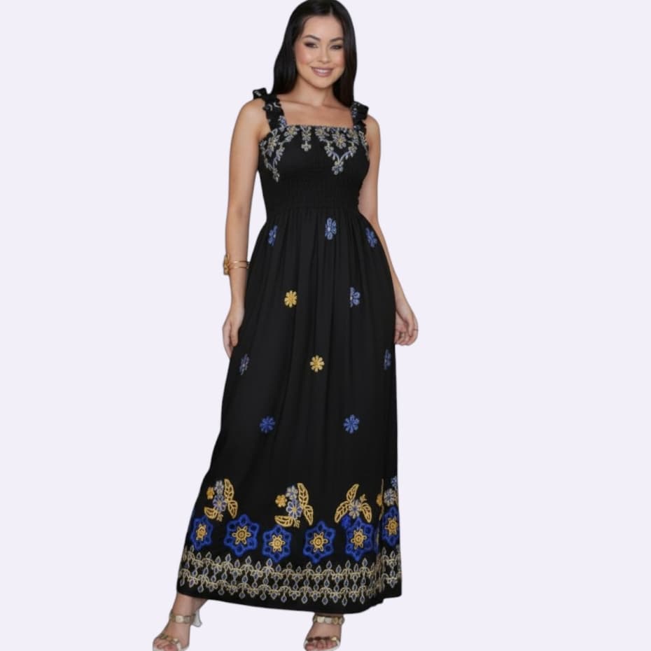 Vestido Longo Premium Bordado Lastex Acinturado Luxo Romântico Chic