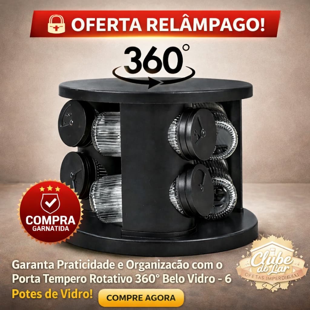 Porta Temperos Condimentos Giratório 6 Potes De Vidro Tampa Dosadora Preto