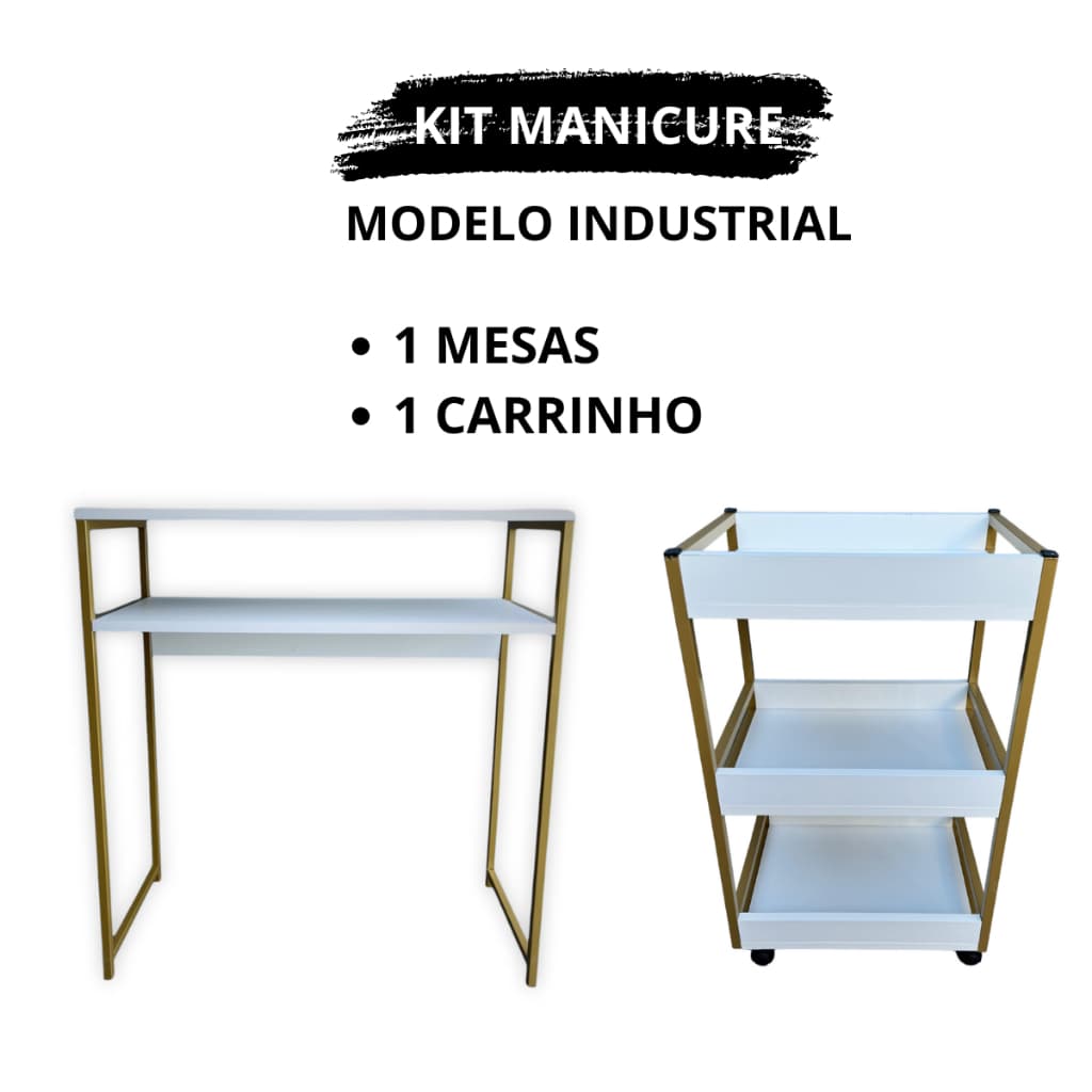Kit Manicure Industrial Mesa Profissional + Carrinho Auxiliar Organizador para Salão de Beleza