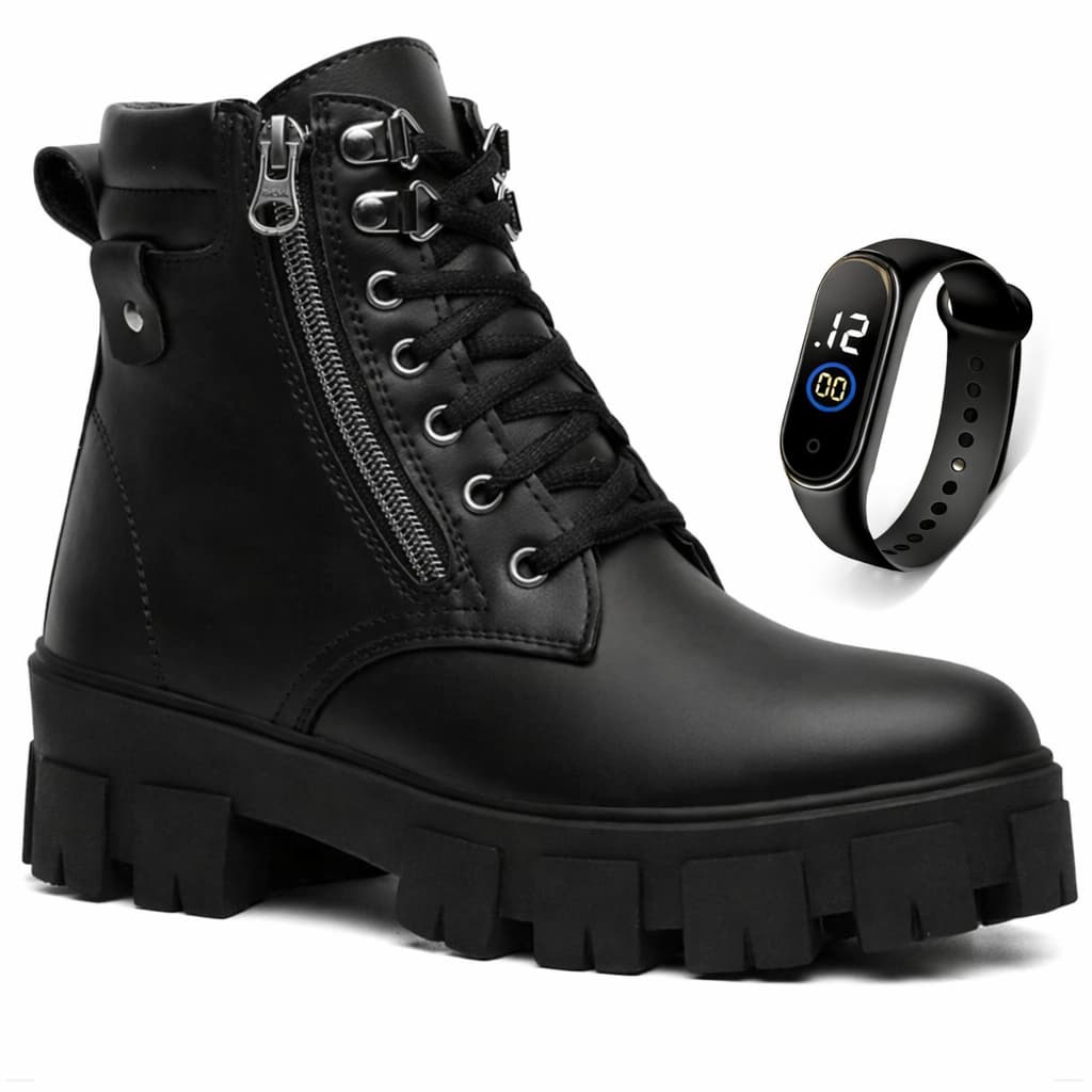 Bota Tratorada Feminina Zíper Lateral Sola Alta Cano Curto Coturno Blogueira Moda Confortável+Relógio
