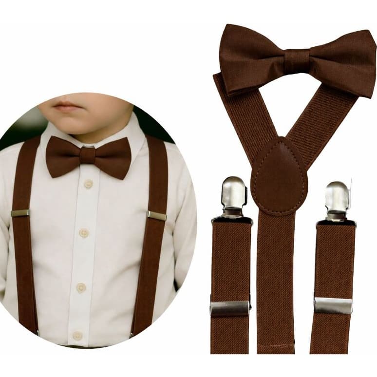 Conjunto Infantil Gravata Borboleta e Suspensório Marrom Pajem Casamentos Eventos