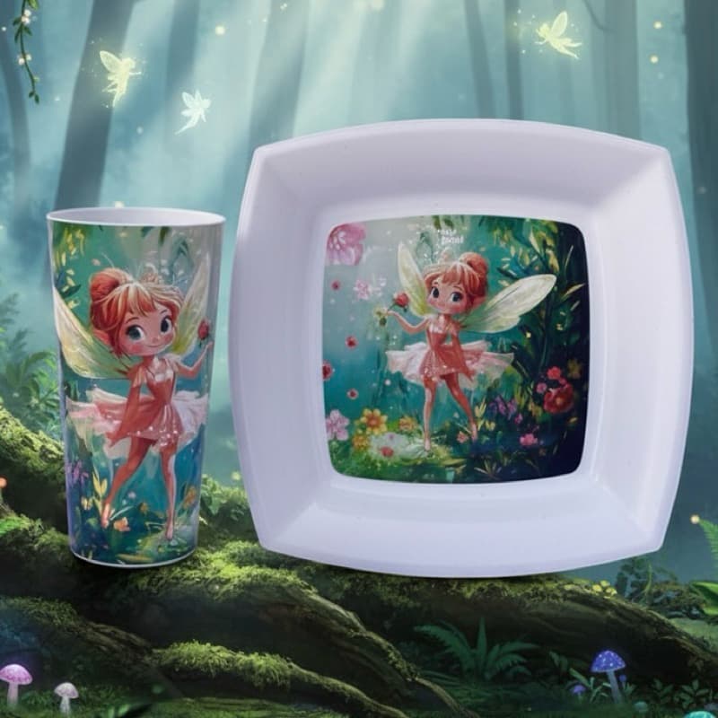 Kit Prato e Copo Infantil Menina Rosa Fada | Kit Refeição Infantil Seguro BPA Free
