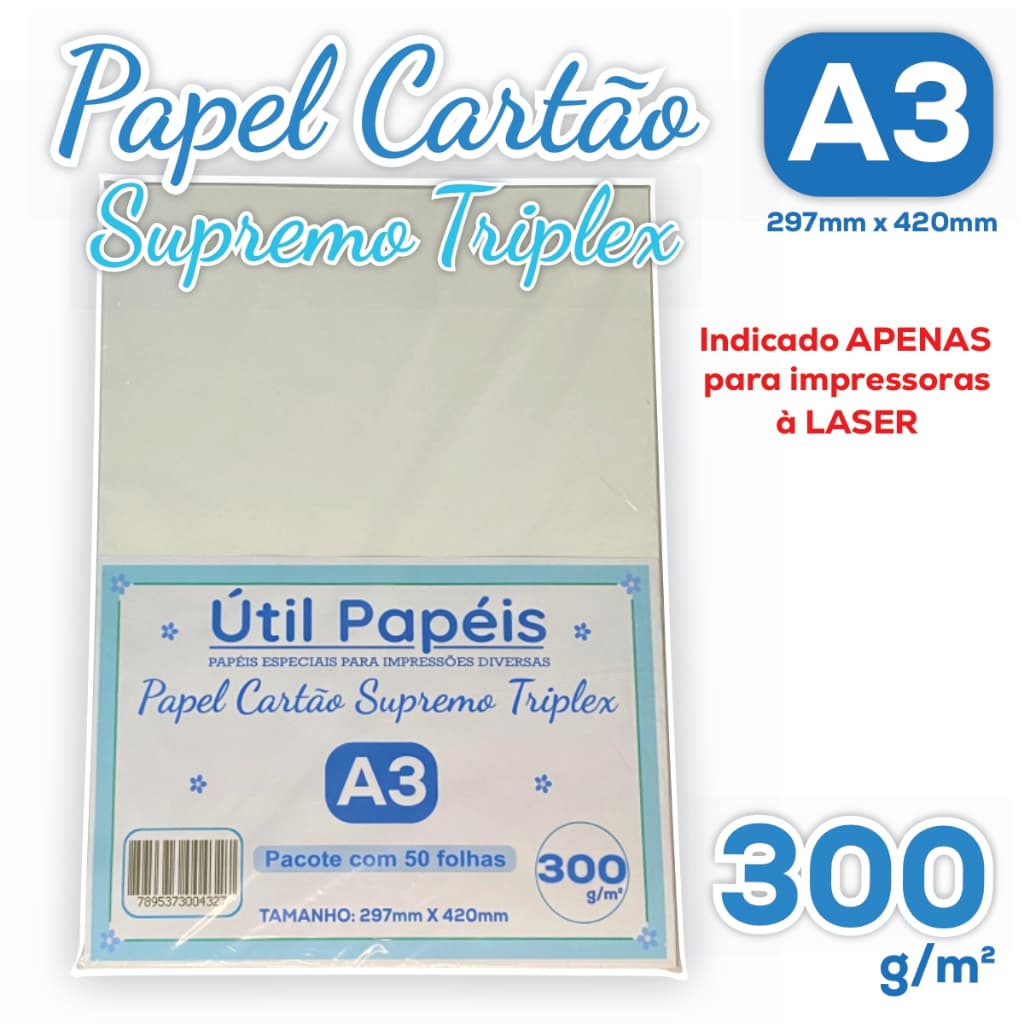 Papel Cartão Supremo Triplex A3 300g Pacote c/ 50 Folhas Branco liso 297x410mm Gráfica Profissional