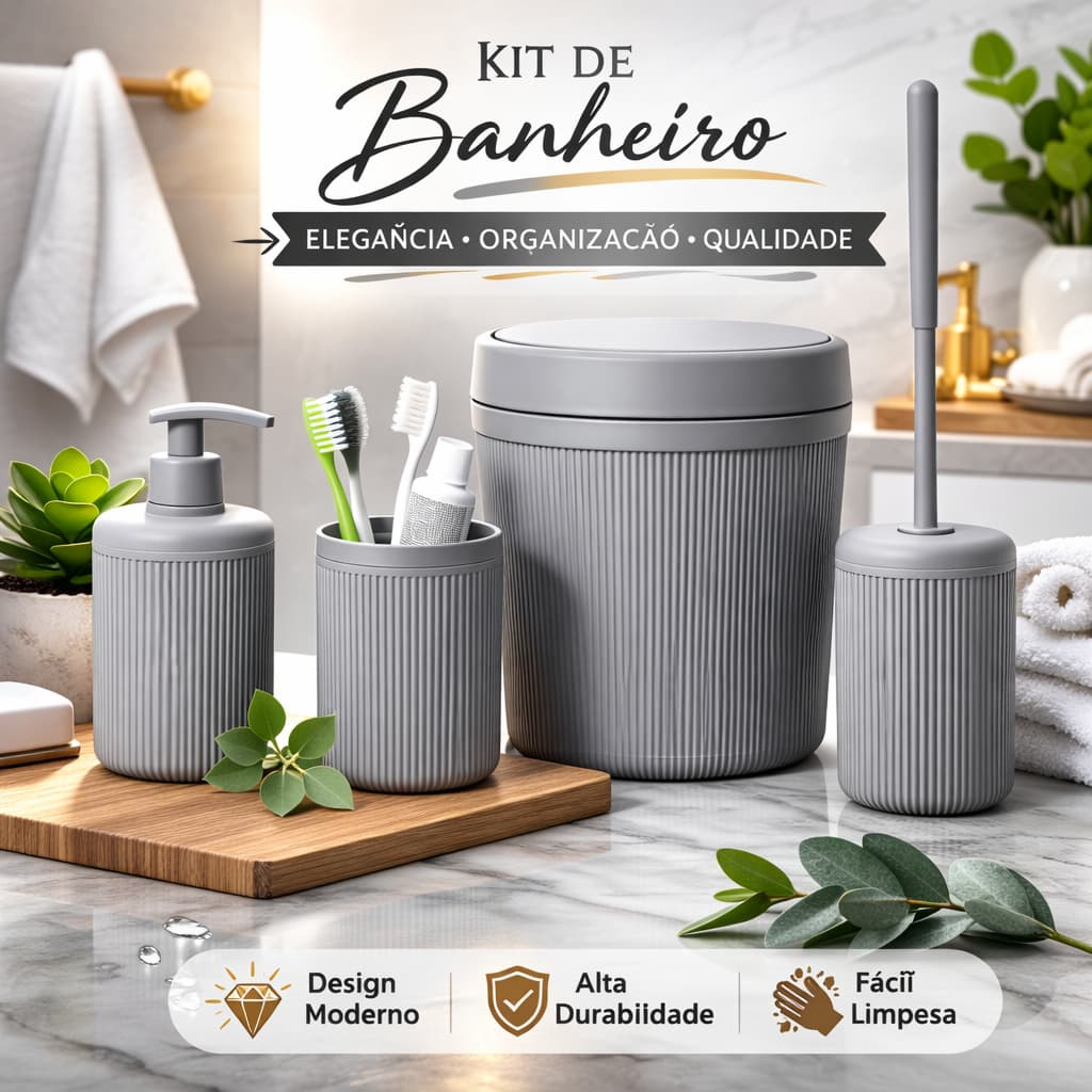Kit Banheiro Canelado Plasvale 4 Peças – Lixeira + Escova + Porta Sabonete + Porta Escovas | Design Moderno Cinza/Nude