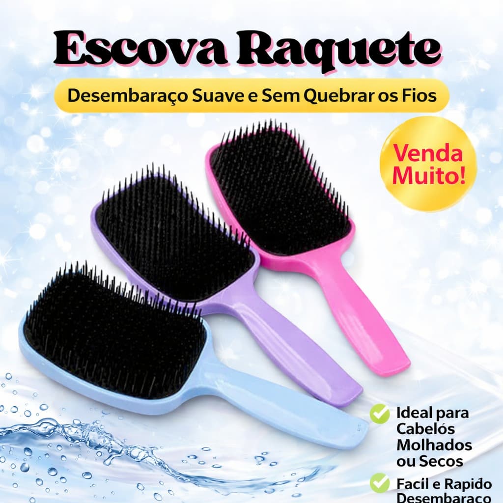 Escova Raquete Profissional Almofadada – Desembaraça Sem Quebrar – Ideal para Lisos e Ondulados