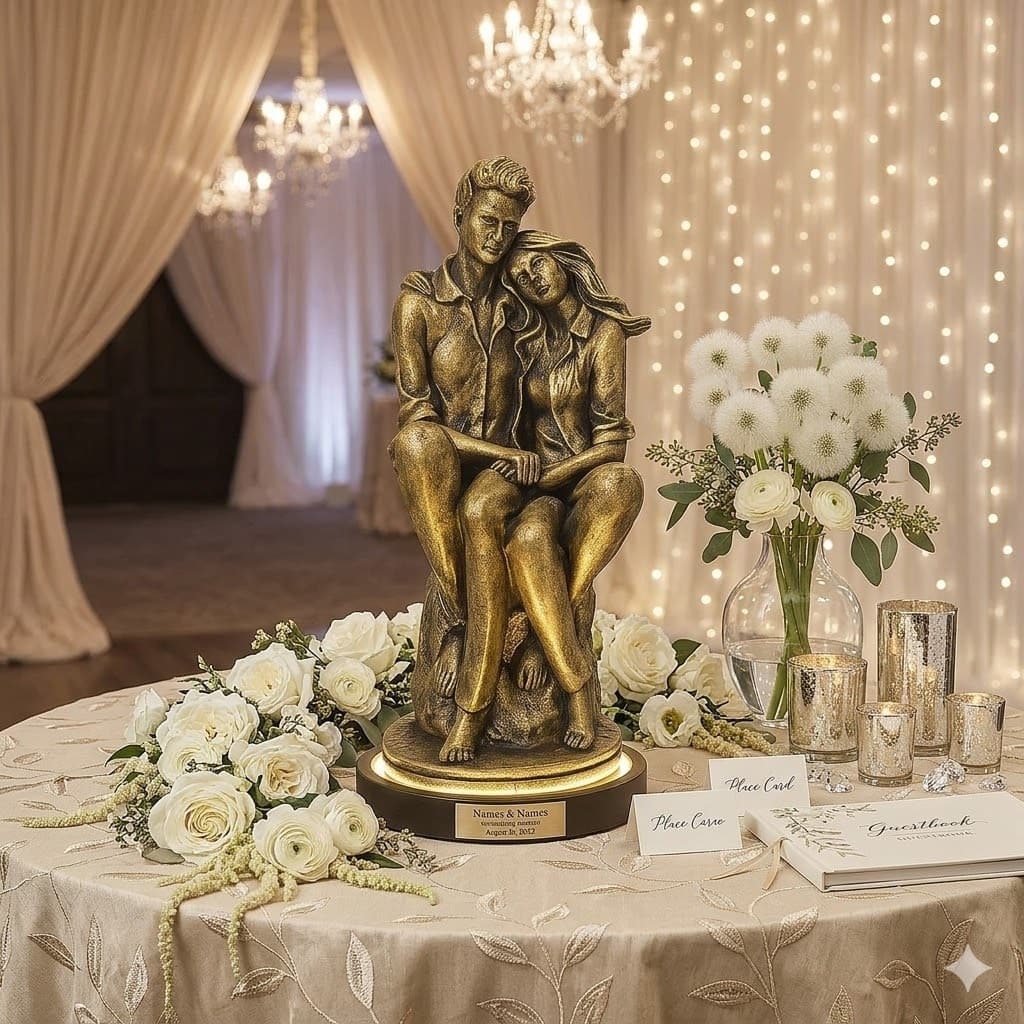 Casal Sentados Estatuetas Esculturas Enfeites Realista Decoração