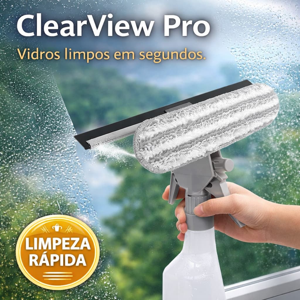 Rodo Limpador de Vidro 3 em 1 com Spray ClearView Pro Cleaner Limpeza de Janelas Espelhos e Box