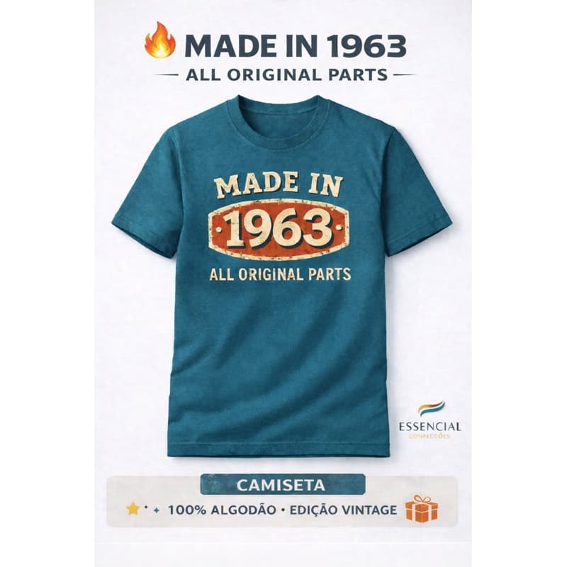 Camiseta Vintage Made in 1963 Original Parts | Camisa Retrô Aniversário | Presente Pai Avô 100% Algodão