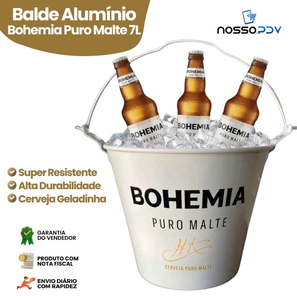 Balde de Alumínio 7 Litros Bohemia Puro Malte Ótimo para Bar Área de Churrasco Ideal para Long Neck Garrafas Gelo
