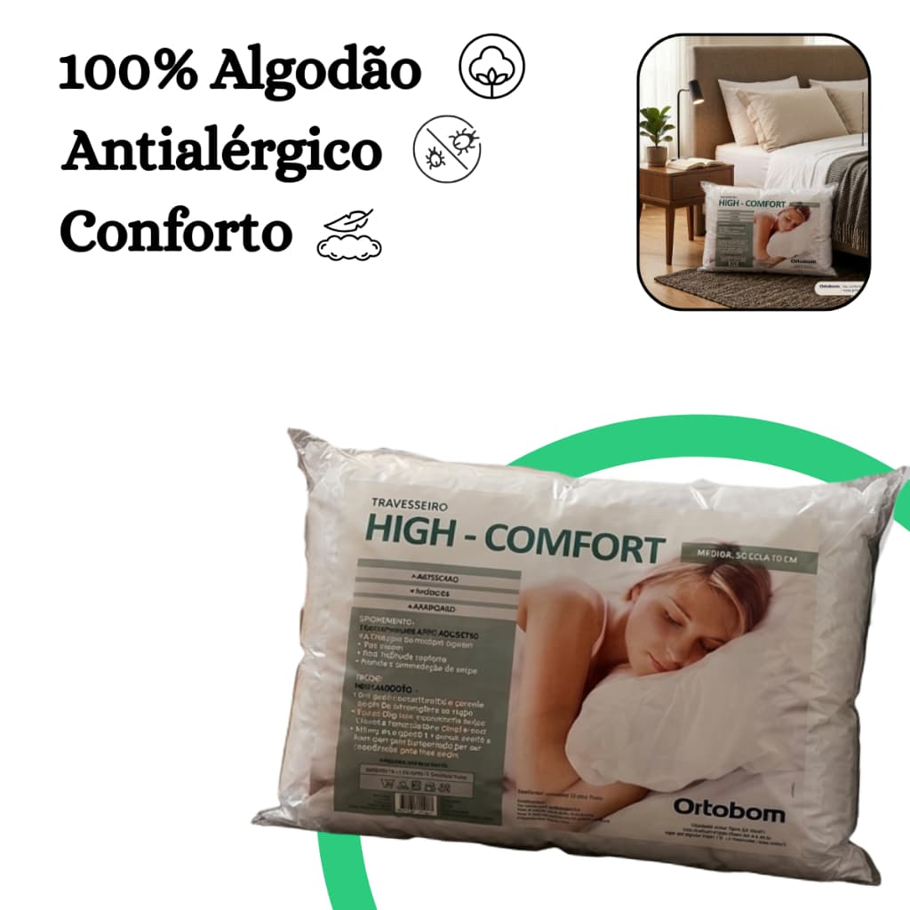 Travesseiro Antialérgico Fibra Siliconada 100% Poliéster Tecido 100% Algodão Antiácaro Macio