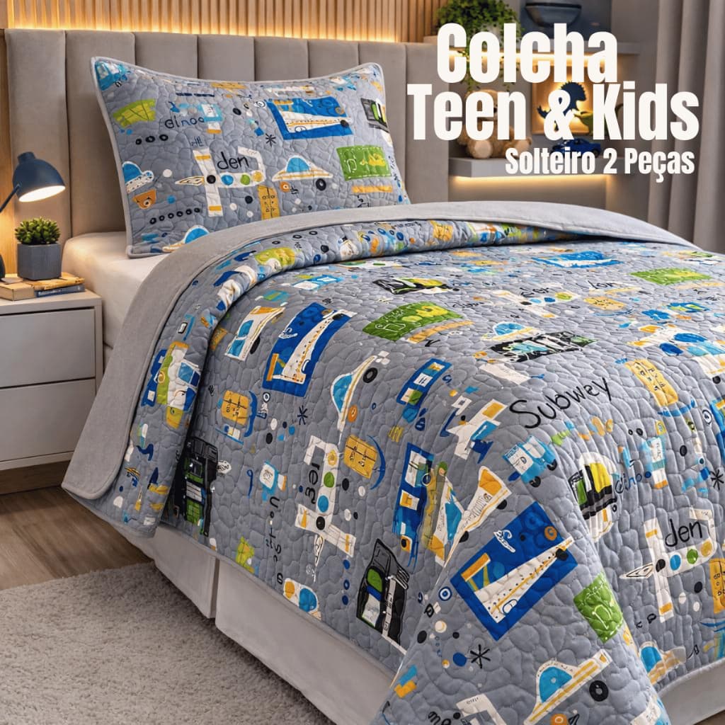 Colcha Solteiro Kit Cobre Leito 2 Estampas Dupla Face Matelado Dinossauro Aviões