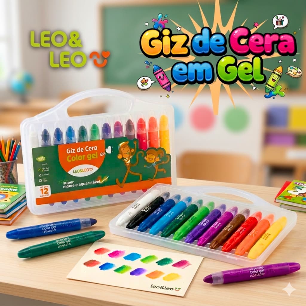 Giz de cera Escolar Para Desenhar Colorir Giz de Gel Retrátil 12 Cores Leo & Leo