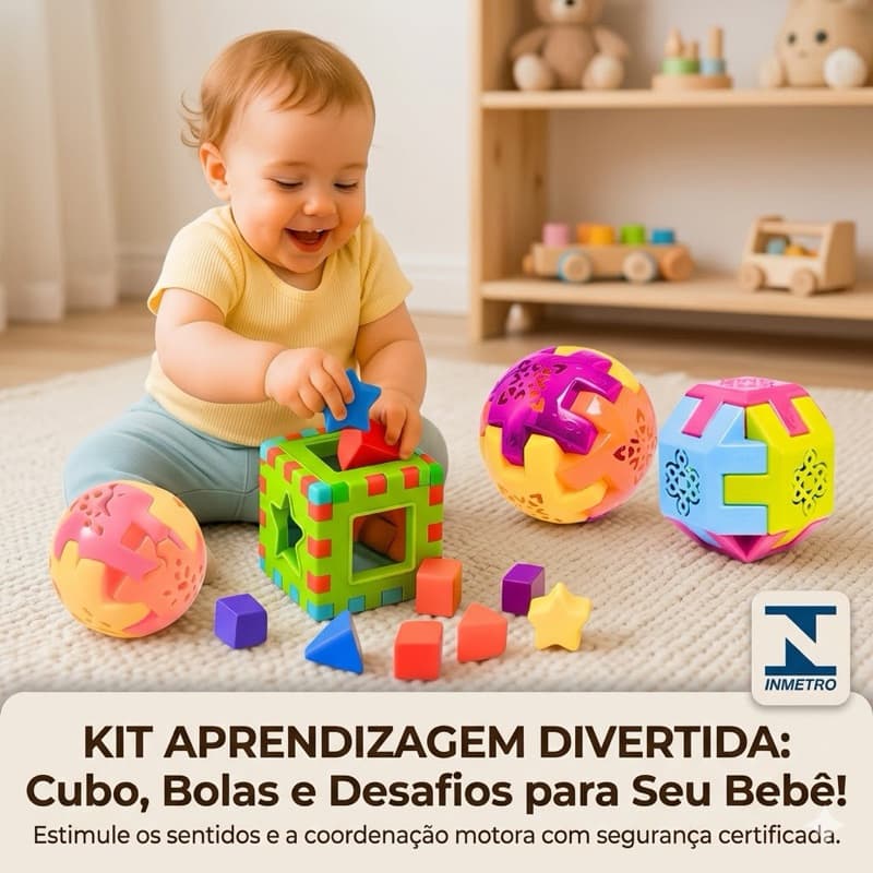 Pedagógico Sensorial Bebê 12 Meses Cubo Didático Bola e Poliedro Geométrico de Montar e Encaixar 1 ou 3un