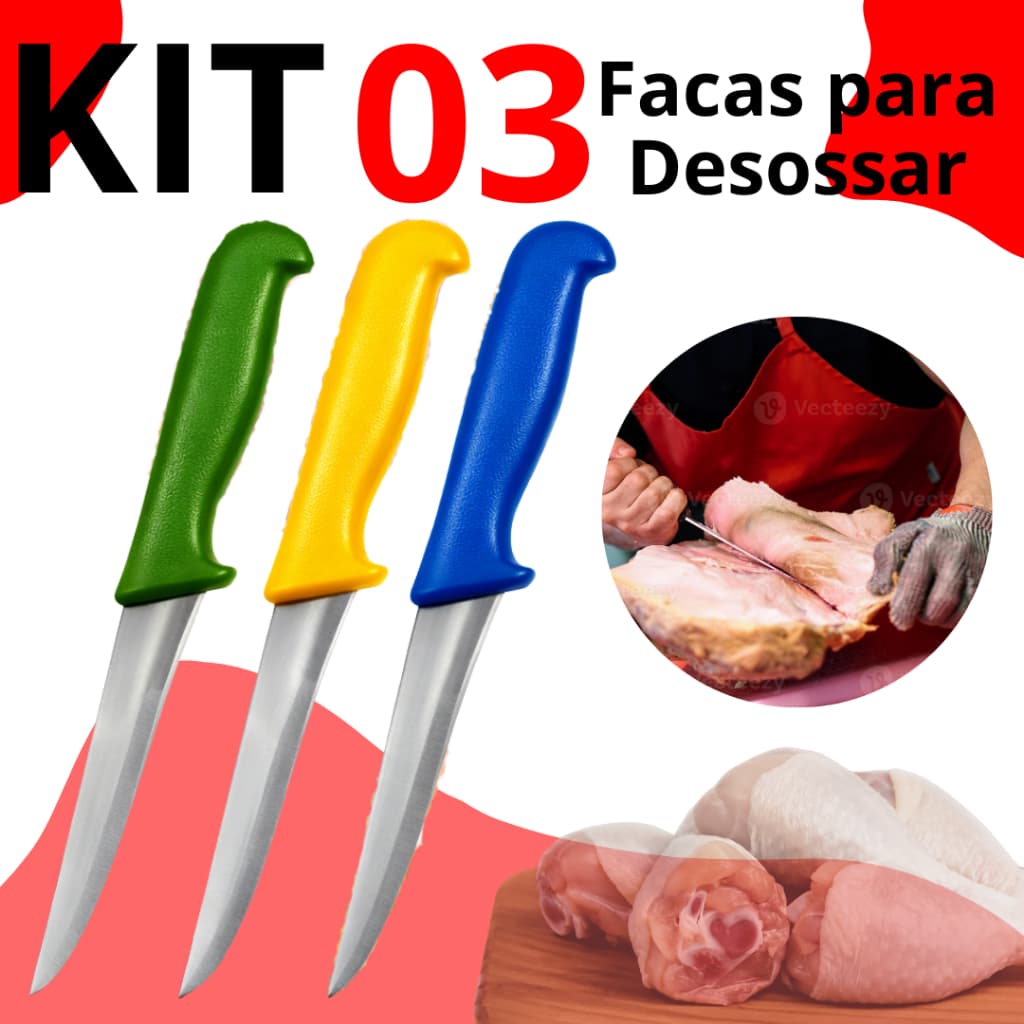 Facas Desossar Tira Osso 3 Unidades 6 Pol. Profissional Cozinha Coloridos Cortes Carnes Açougue