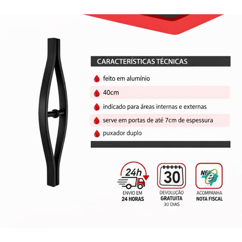 Puxador 1 Furo Curvo Em Alumínio 40cm Blindex/vidro/blindex Preto