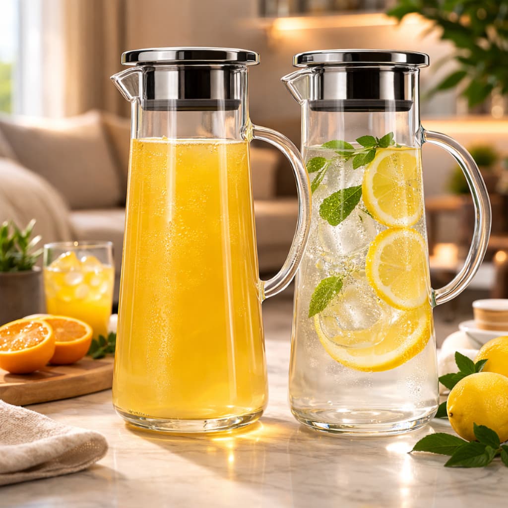 Kit 2 Jarra de Vidro 1,4L com Tampa Inox Suqueira Jarra para Suco Água Bebidas Mesa Posta Cozinha