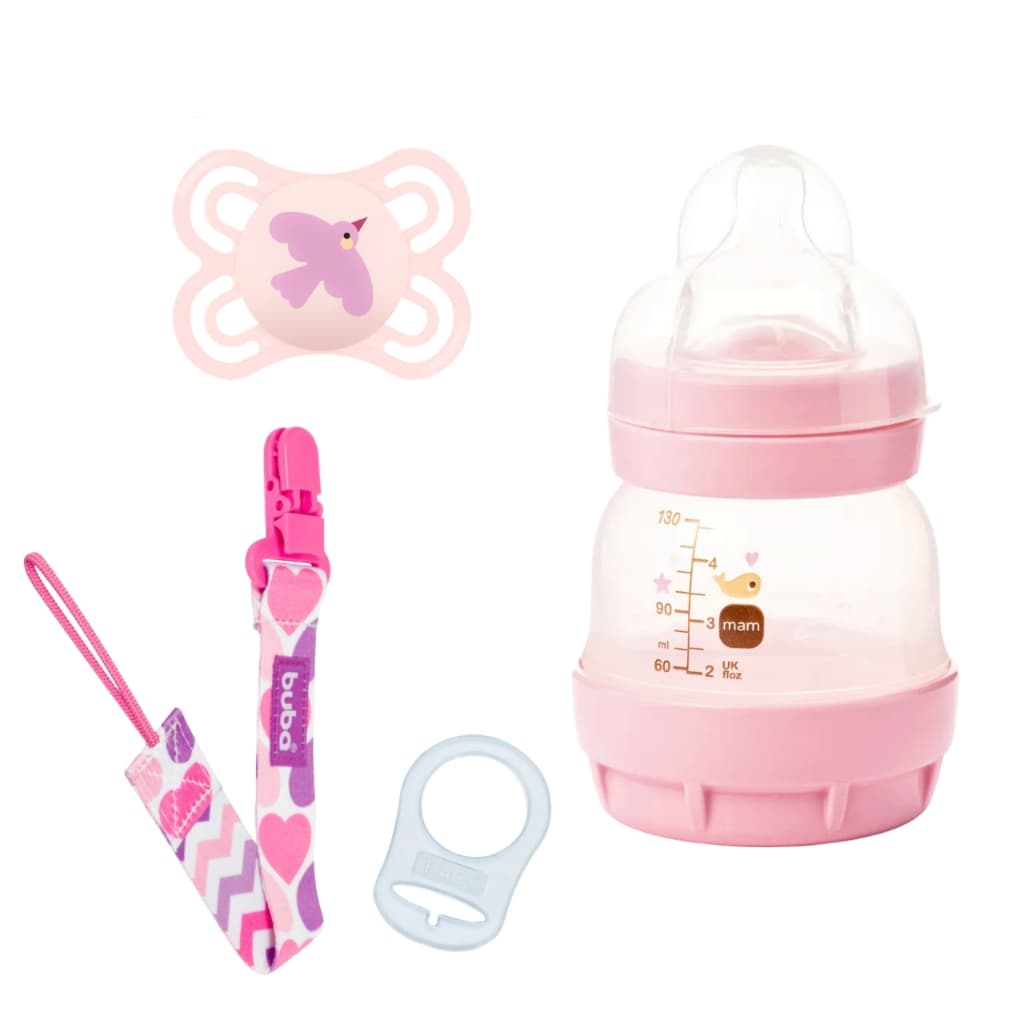 Kit Mamadeira MAM 130ml Anticólica Chupeta MAM Perfect 0-6 meses + Prendedor Buba Meninas Bebê Recém Nascido Mamadeira