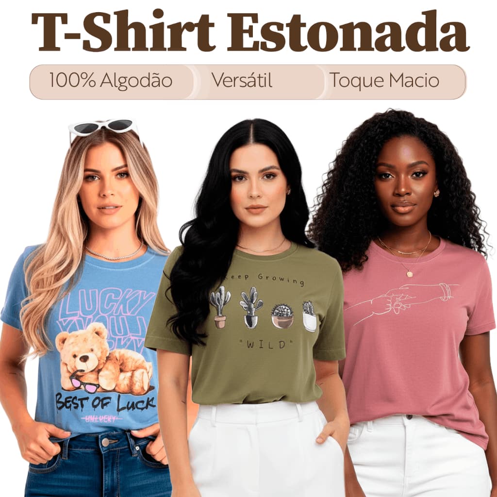 T-shirt Estonada Sortida Feminina 100% Algodão Manga Curta Gola Redonda Moda Casual Elegante