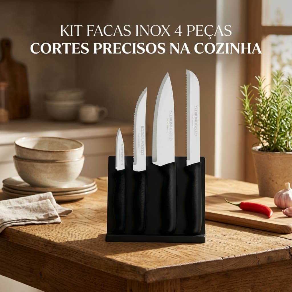 Kit Facas Cozinha 4 Peças Inox Profissional Chef Pão Legumes Alta Durabilidade Cabo Preto