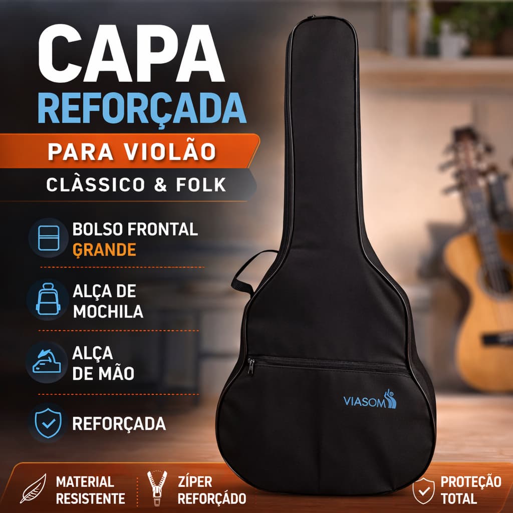 Capa Violão Classico 4/4 Nylon E Folk Aço Reforçada Com Bolso Preto E Colorida - Bag Violão