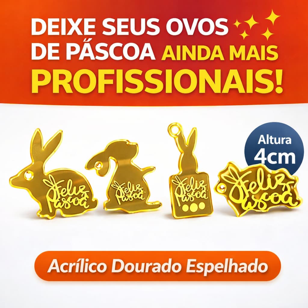 Tags de Páscoa em Acrílico Dourado Espelhado 4cm – Kit 20 40 80 Unidades | Tag Feliz Páscoa Para Ovos Doces Confeitaria