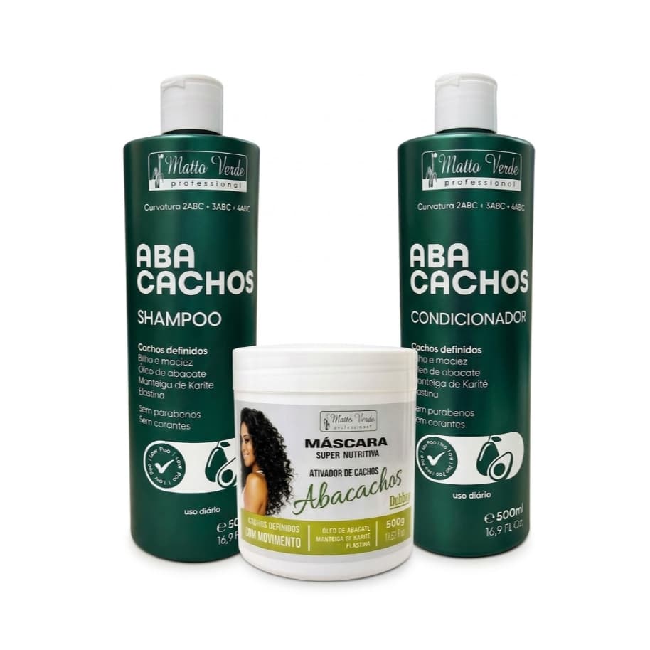 Kit Shampoo + Condicionador + Máscara Abacachos Mattoo Verde | Cachos Definidos Óleo de Abacate
