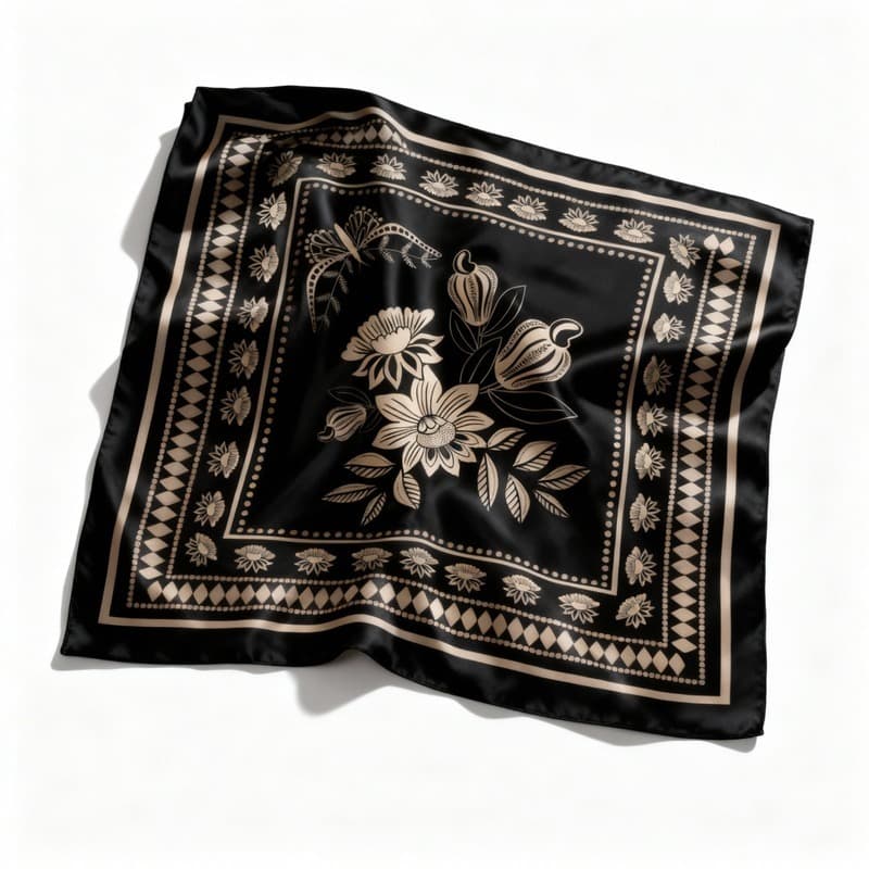 Lenço Feminino 90X90 Em Cetim Para Cabelo Bolsa Pescoço Echarpe Cachecol Moda Black Botânico Flores