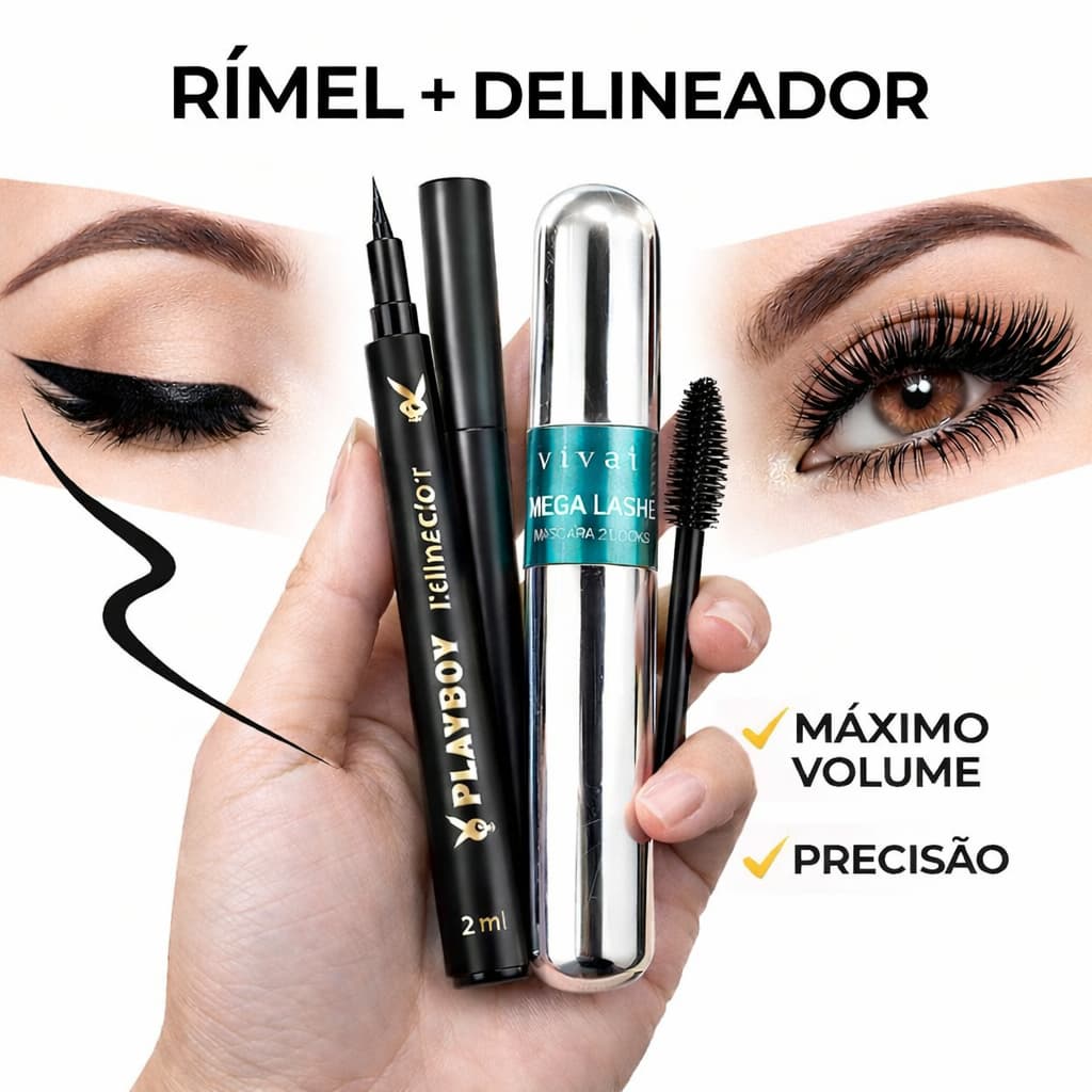KIT - Delineador + Rímel - Maquiagem Olhos Delineador Playboy Preto + Rímel Vivai 2 em 1 Mega Lashes
