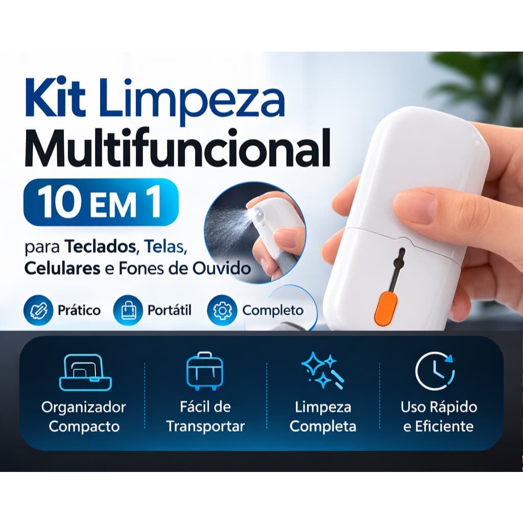 Kit Limpeza Multifuncional Portátil 10 em 1 para Eletrônicos Notebook Teclado Telas Celular Fone de Ouvido
