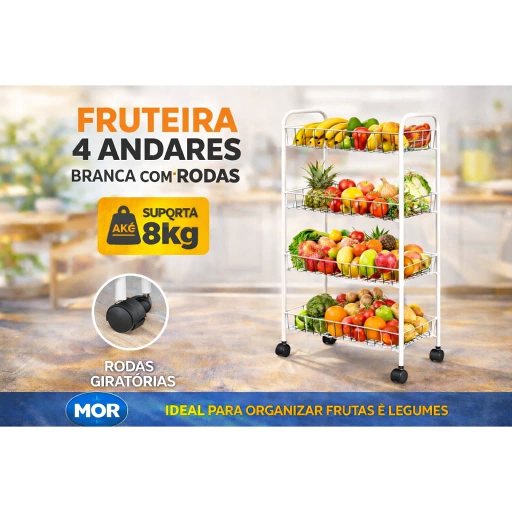 Fruteira Aramado 4 Andares com Rodinha Branca Mor