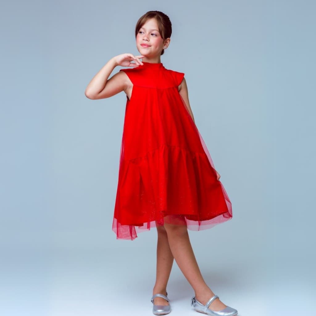 Vestido Glitter Vermelho  Manga Curta  De Festa Infantil  Casamento Formatura Rodado Luxo